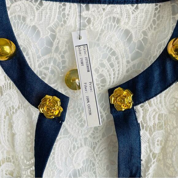 🆕 Michael Simon crocheted button jacket with denim trim NWT cardigan size med - Picture 9 of 15